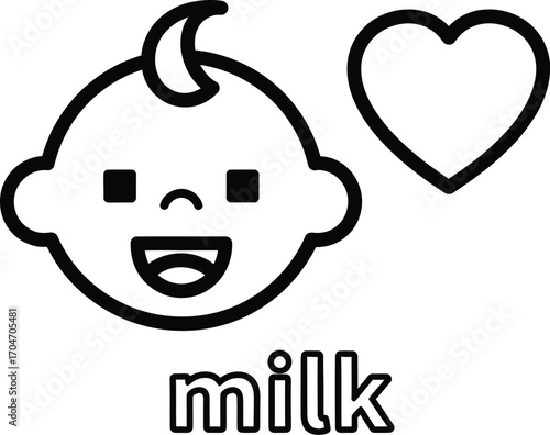Joyful baby face with heart symbol and milk text illustration