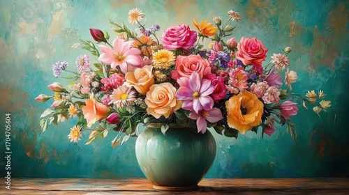 Vibrant bouquet of multicolored flowers including roses and daisies arranged in a green vase on a wooden surface against a textured teal background