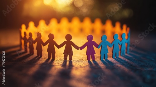Circle of diverse paper cutout figures holding hands with dramatic light and shadow creating a sense of unity and togetherness