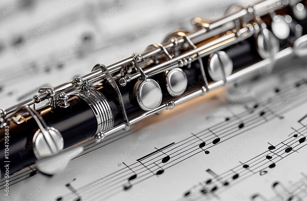 Naklejka premium Close-up of a black clarinet resting on sheet music with musical notes, highlighting shiny metal keys and a smooth wood body under soft lighting