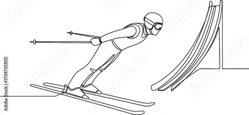 Athlete in ski jump suit poised for takeoff on a snowy slope