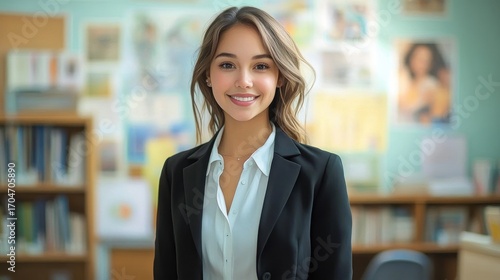 Smiling young woman with light brown hair wearing a black blazer and white shirt standing in a bright, colorful classroom with bookshelves and posters in the background