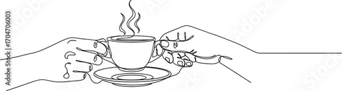 Warm, steaming cup of coffee cradled by gentle hands adorned with delicate vines.
