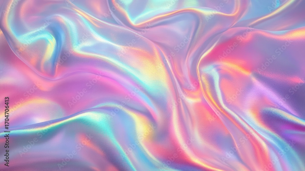 Obraz premium Close-up view of smooth, flowing fabric with iridescent shimmer displaying a rainbow of pastel colors including pink, purple, blue, and yellow, evoking a dreamy and ethereal feeling
