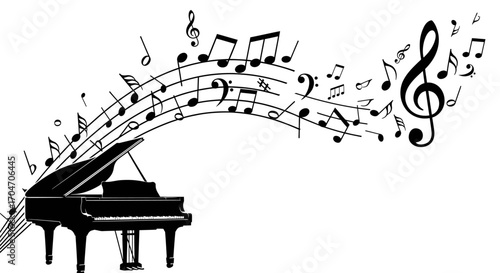 Grand Piano with Flowing Musical Notes in Black and White Silhouette