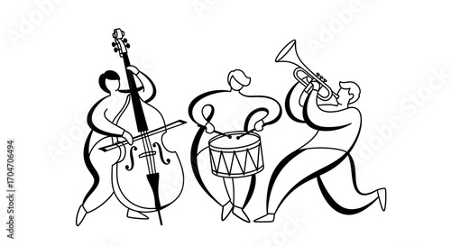 Dynamic Trio: Double Bass, Drums, and Trumpet Players in Abstract Line Art