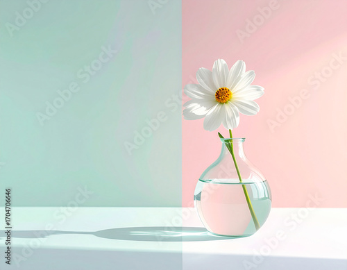 Wallpaper Mural Transparent glass vase with a single flower placed on smooth pastel surface, bright minimal composition with large empty copy space Torontodigital.ca