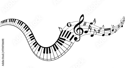Flowing Piano Keys and Musical Notes in Elegant Black and White Design