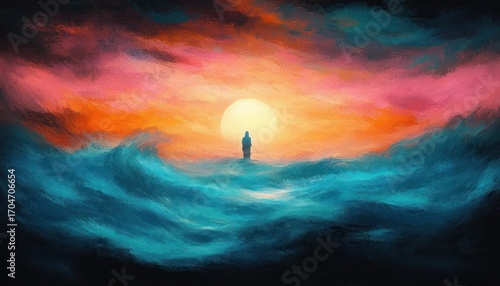 Solitary figure standing on a small platform surrounded by turbulent blue waves under a vibrant orange and pink sky with a glowing setting sun, evoking solitude and contemplation