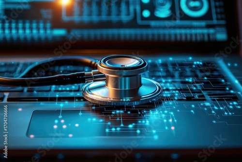Silver stethoscope placed on a laptop keyboard with glowing digital circuit patterns and a blurred screen with data in the background conveying the concept of digital health technology
