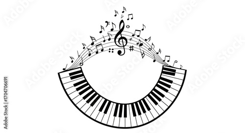 Musical Keyboard Semicircle with Ascending Notes and Treble Clef