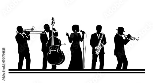 Silhouette Jazz Ensemble with Trombone, Bass, Saxophone, Trumpet, and Vocalist