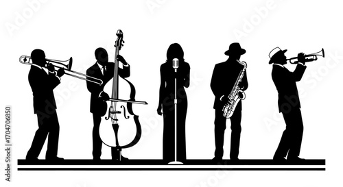 Silhouetted Jazz Band Performing with Instruments and a Singer on Stage