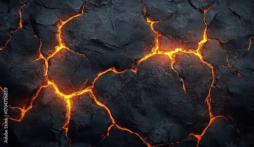 Close-up view of cracked black volcanic rock with glowing orange molten lava visible through the fissures, depicting intense heat and natural geological activity