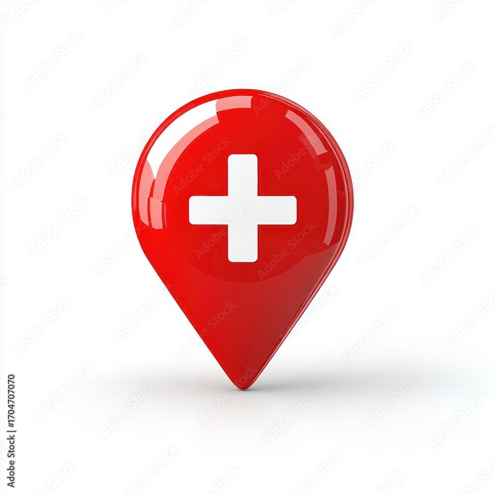 Fototapeta premium Glossy red map pointer with a white medical cross symbol representing healthcare location or medical aid