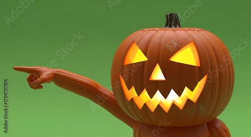 Jack O Lantern with Pointing Arm on Green Background