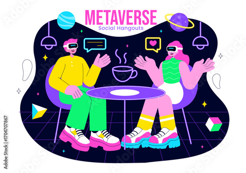 Metaverse Social Hangouts Illustration featuring People wearing VR Glasses and Exploring Future Innovations with Virtual Reality Communication