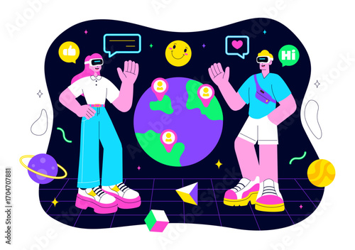 Metaverse Social Hangouts Illustration featuring People wearing VR Glasses and Exploring Future Innovations with Virtual Reality Communication