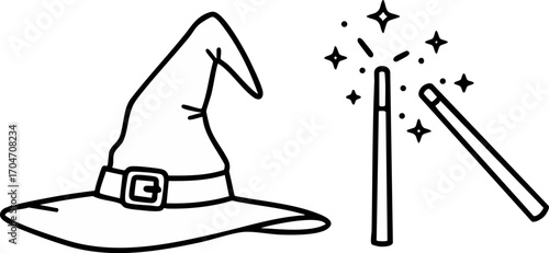 Simple Wizard Hat and Wand Icon
