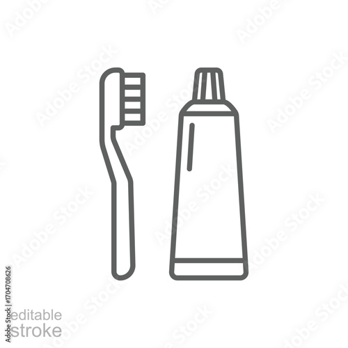 Toothbrush and toothpaste icon. Simple outline style. Toiletries, brush, tooth, paste, hygiene, oral, health, bathroom, dentist care concept. Thin line symbol. Isolated design editable stroke.