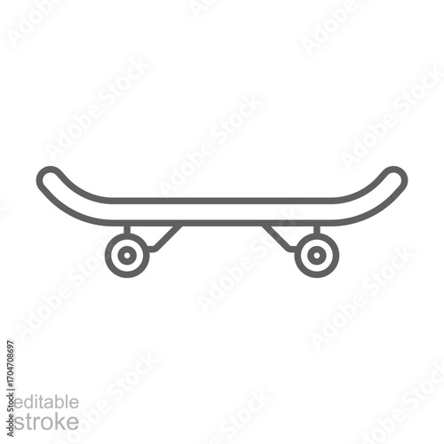 Skateboard icon. Simple outline style. Skate, board, wheel, skater, youth, street, city sport, fun, urban, transportation, recreation concept. Thin line symbol. Isolated design editable stroke.