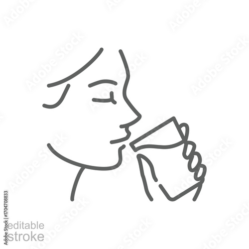 Woman drinking a glass of water icon. Simple outline style. Drink, mouth, face, person, girl, people, hand, skin, thirst, perfect, thirsty concept. Thin line symbol. Isolated design editable stroke.