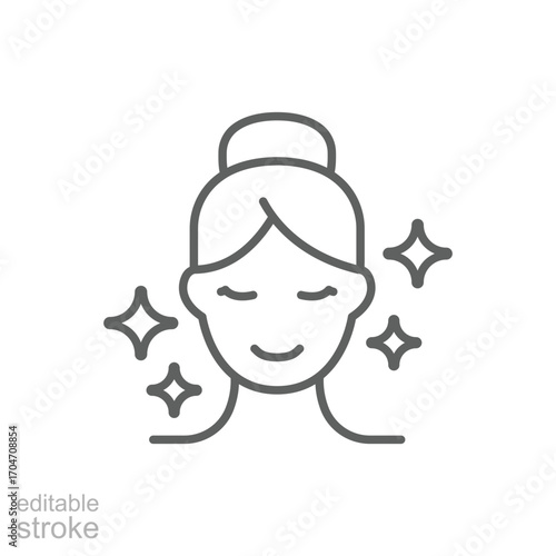 Aesthetic cosmetology icon. Simple outline style. Shiny skin, anti age skin care, happy woman, plastic surgery clinic concept. Thin line symbol. Isolated design editable stroke.