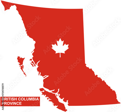 Solid map of British Columbia Province of Canada with white outline and red solid color with maple leaf