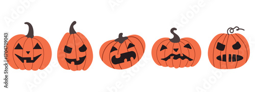 Set Collection of Halloween Jack o lantern pumpkins with scary faces icon clipart avatar logotype isolated illustration