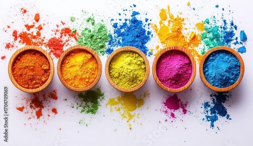 Bright multicolor powder pigments in wooden bowls arranged in a row on a white surface with scattered powder splashes creating a vibrant and artistic display