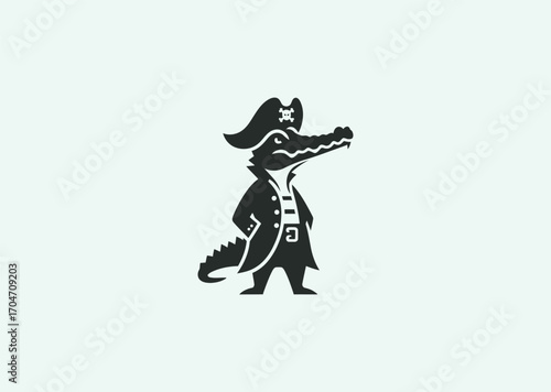 A simple minimalist silhouette logo of a crocodile in a pirate outfit, symbolizing adventure, cunning, strength, and boldness