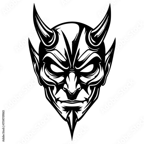 Evil Demon Head with Horns – Black and White Vector Illustration