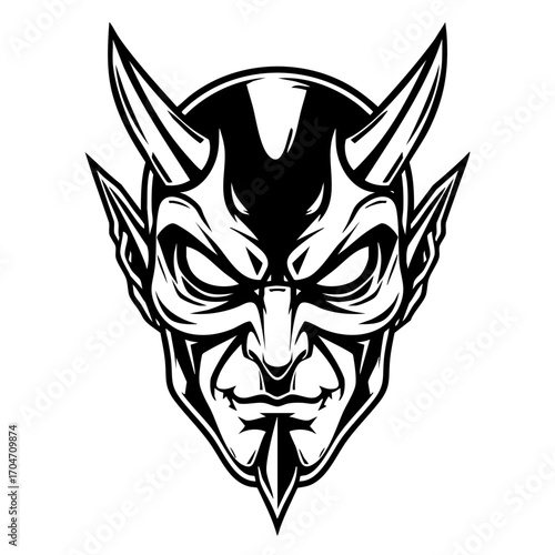 Evil Demon Mask with Horns – Black and White Vector Illustration