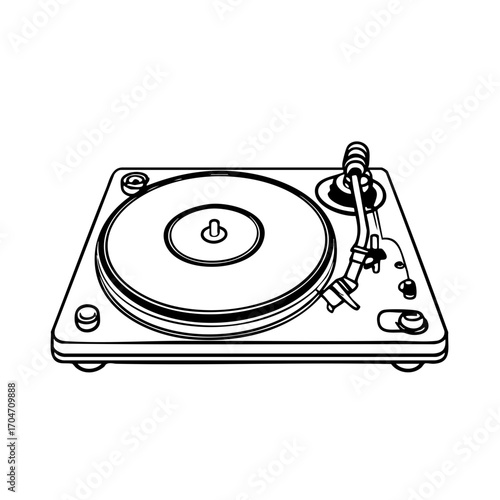 Vintage Vinyl Record Player with Tonearm – Black and White Vector Illustration