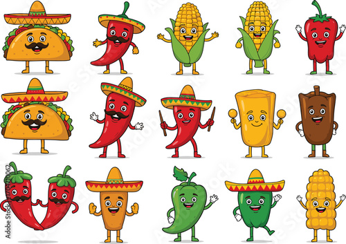 Cute cartoon Mexican food characters, taco, chili pepper, corn, burrito, nachos, funny food mascot illustration for fiesta and restaurant