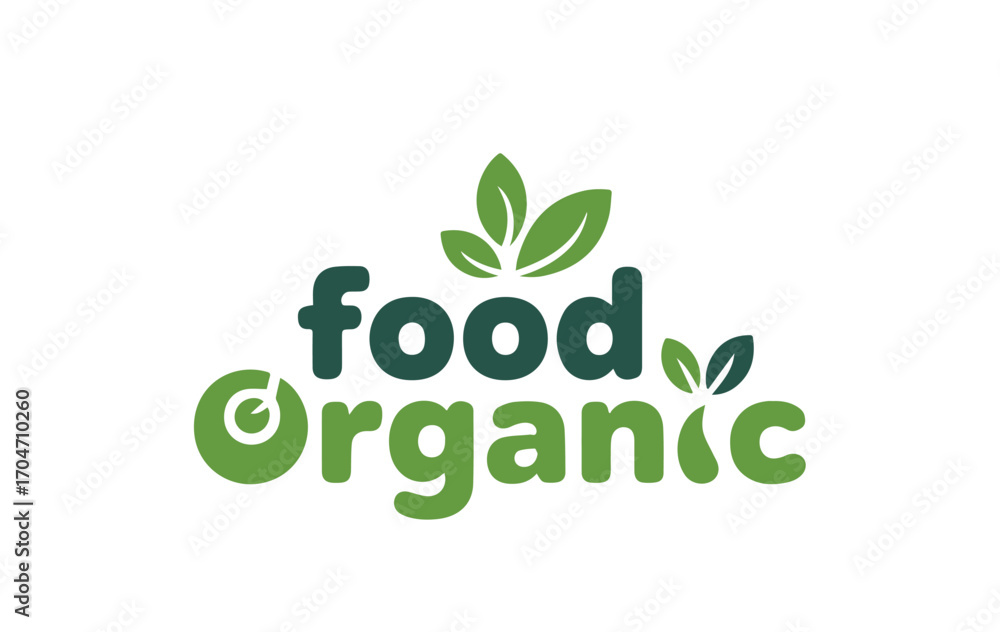 Fototapeta premium Food text in dark green and Organic text in light green with leaves
