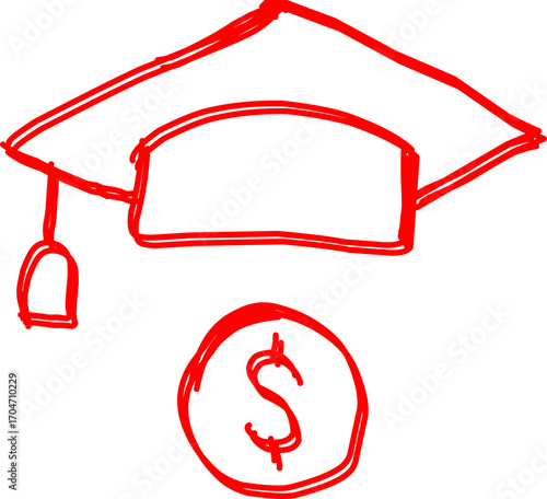 Red hand-drawn sketch of a graduation cap with a dollar symbol, representing student loans, education funding, scholarship, tuition fees, academic success, and finance.
