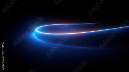 Curved glowing blue light trail fading into darkness with tiny scattered particles creating a sense of motion and mystery