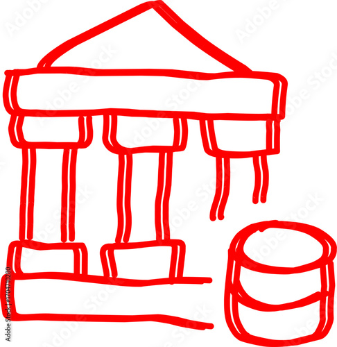 Red hand-drawn sketch of a classical bank building with columns and a coin stack, symbolizing finance, savings, economy, money, banking, investment, and security.
