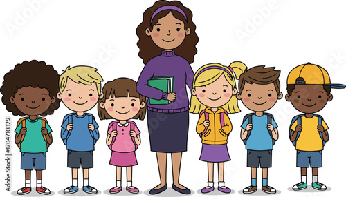 Teacher with group of happy school children, diverse kids with backpacks illustration, education concept, classroom learning, back to school