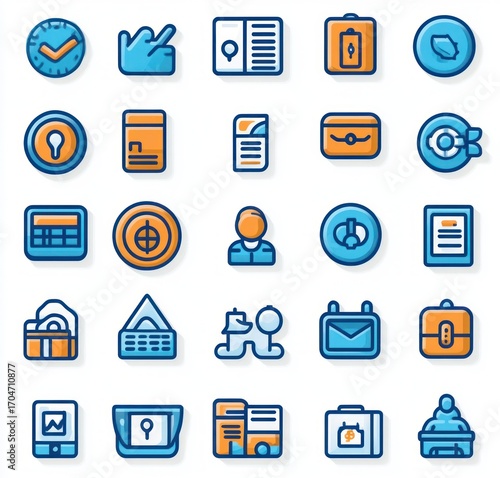 Collection of business and communication icons in blue and orange with shadows on white background