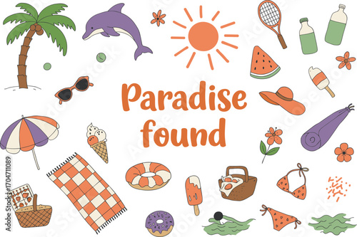 Paradise found summer doodle collection, tropical holiday elements with beach umbrella, picnic basket, dolphin, ice cream, swimsuit, watermelon illustration