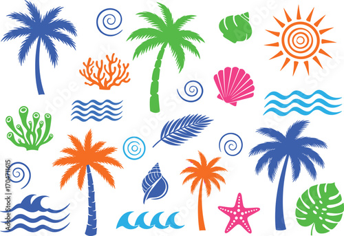 Tropical summer vector set with palm trees, seashells, corals, ocean waves, sun, starfish, and exotic leaves in bright colors