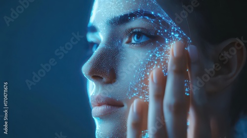 Woman touching digital face, concept of artificial intelligence and technology