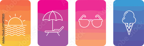 Summer icon set with gradient backgrounds showing sun, beach umbrella, sunglasses, and ice cream cone in minimal line style