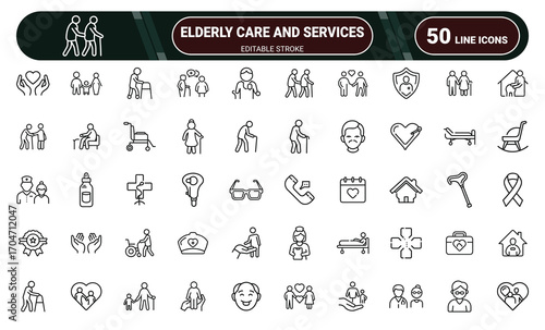 Comprehensive collection of elderly care and senior services icons for health home and support websites and apps