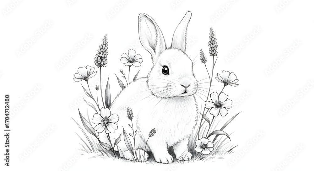 Obraz premium A charming ink drawing of a fluffy white rabbit nestled among wildflowers, isolated on white background, capturing the essence of spring and natures delicate beauty