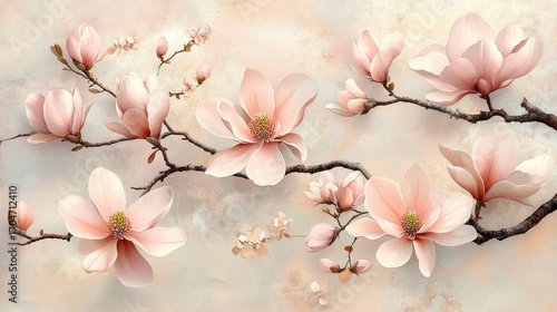 Delicate soft pink magnolia flowers blooming on dark slender branches against a gentle muted background evoking calm and elegance