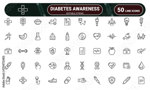 Diabetes awareness icon set outline medical health icons collection for education and information graphics