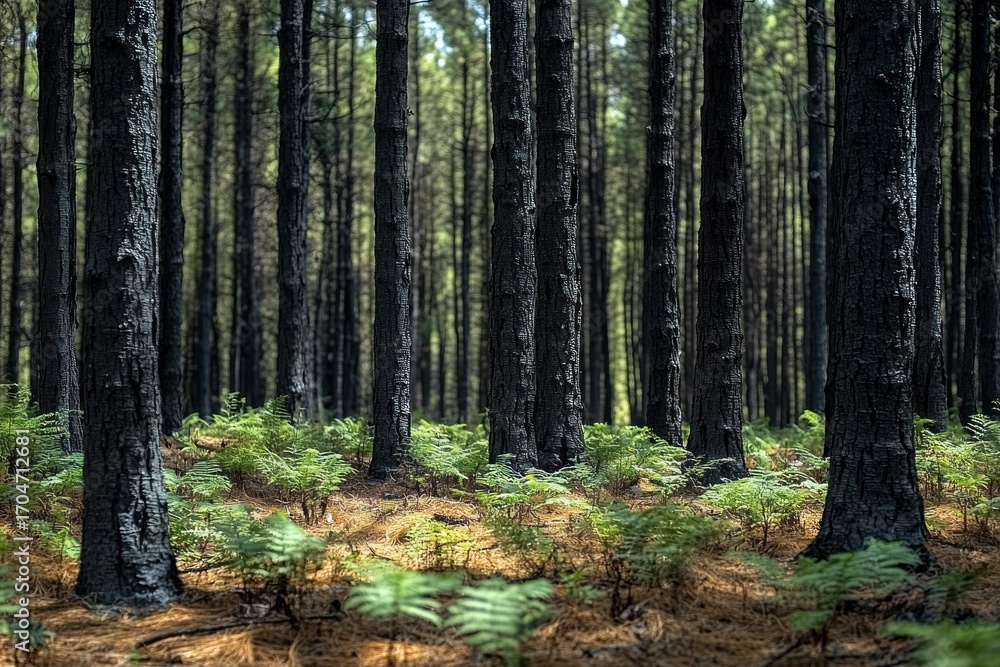 Naklejka premium Dense forest with tall, straight tree trunks and new green ferns growing on the forest floor covered with dry pine needles